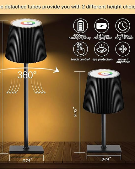 2 Pack Cordless Table Lamp, Touch Dimmable RGB Desk Lamp, 4000 mAh LED Desk Lamp, Battery Operated Lamp for Family, Restaurant & Bar, Outdoor Party, Camping, Garden, Christmas Gift - LeafyLoom