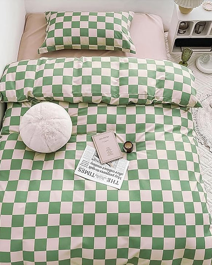 Green White Grid Comforter Set Twin Sage Green Plaid Bedding Set Girls Light Green White Checkered Bed Comforter Set Breathable Blanket Set Kids Durable Bedding Comforter Set - LeafyLoom