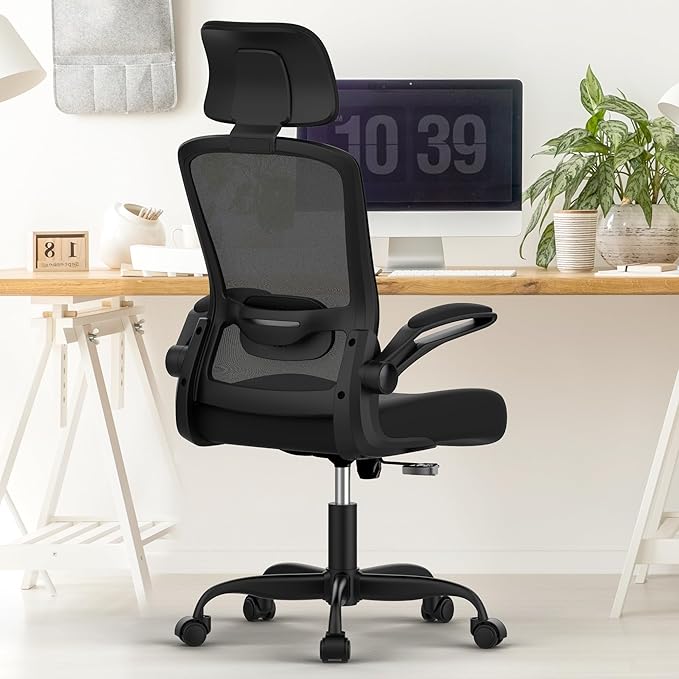 Mimoglad Home Office Chair, Ergonomic Desk Chair with Adjustable Lumbar Support, High Back Computer Chair- Adjustable Headrest with Flip-Up Arms, Swivel Task Chair for Home Office (Black) - LeafyLoom