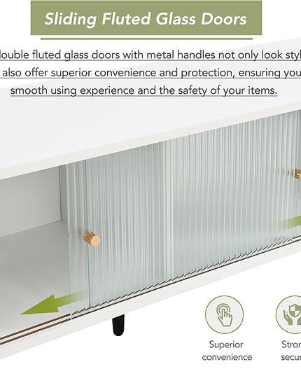 Merax Contemporary TV Stand with Sliding Fluted Glass Doors and Golden Metal Handles, Slanted Drawers Media Console for Television Up to 70", Chic Elegant Storage Cabinet, 66.9" Length, White - LeafyLoom