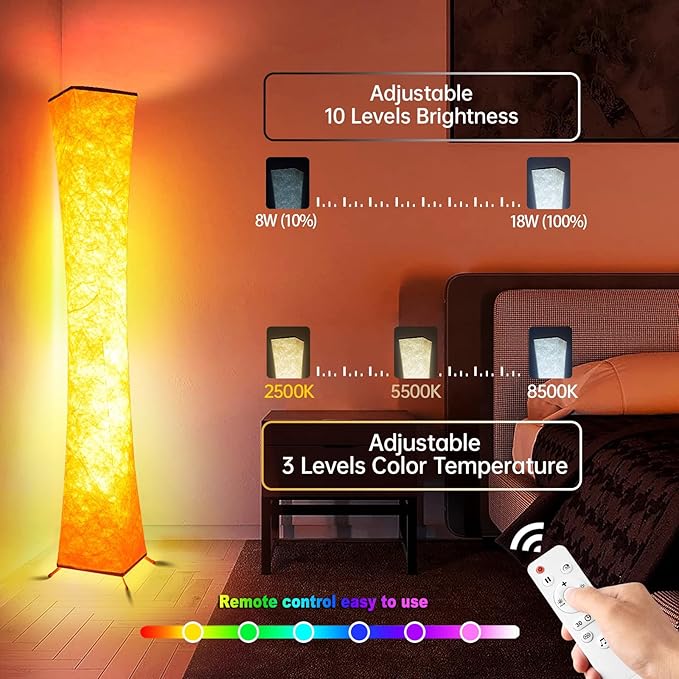 WORLD WIN Floor Lamp, Smart Led Lamp RGB Color Changing with APP & Remote Control, DIY Mode, Music Sync Standing Modern Corner Lamp for Living Room Bedroom Game (Square, 62 inch) - LeafyLoom