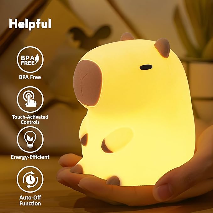 Capybara Night Light, Soft Silicone Capybara Lamp for Kids, Cute Capybara Gifts, Portable and Rechargeable Touch Control Kawaii Animal Lamp, Birthday Gifts for Boys Girls - LeafyLoom