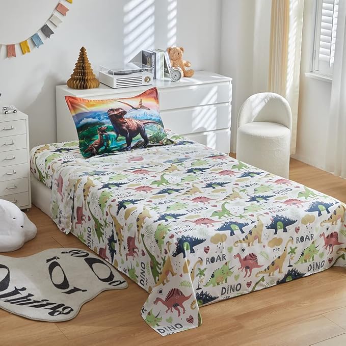 ADASMILE A & S Dinosaur Comforter Set Twin for Boys Dinosaur Twin Bedding Set for Kids 6 Pieces Dinosaur Comforter Set with Sheets Bed in A Bag T-Rex Dinosaur Comforter and Sheets Set for Home Decor - LeafyLoom