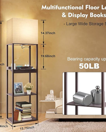 RUNTOP Floor Lamp with Shelves, Modern Standing Lamp with Wireless Charger, 1 Drawer and 2 USB Ports & 2 Power Outlet, 15W LED Bulb 3 Colors, Memory Function, Shelf Lamp for Living Room and Bedroom - LeafyLoom