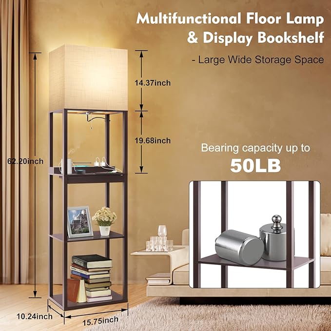 RUNTOP Floor Lamp with Shelves, Modern Standing Lamp with Wireless Charger, 1 Drawer and 2 USB Ports & 2 Power Outlet, 15W LED Bulb 3 Colors, Memory Function, Shelf Lamp for Living Room and Bedroom - LeafyLoom