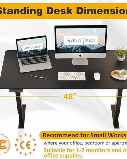 Electric Height Adjustable Desk, 48x24 Sit Stand Desk with Splice Board, Gaming Desk with Memory Presets, Black Steel Frame & Black Board - LeafyLoom