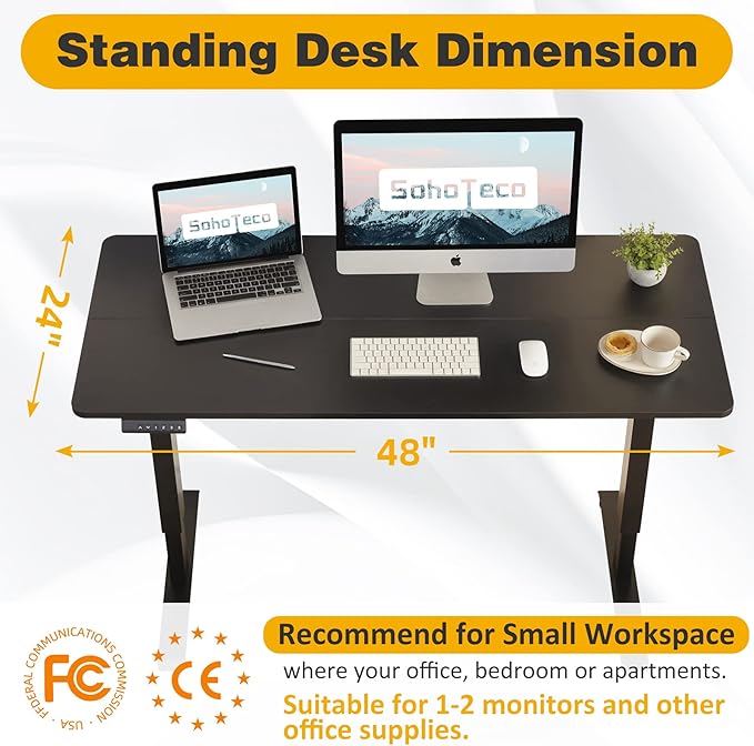 Electric Height Adjustable Desk, 48x24 Sit Stand Desk with Splice Board, Gaming Desk with Memory Presets, Black Steel Frame & Black Board - LeafyLoom