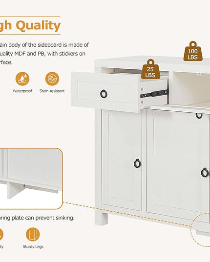 59.1" Retro Style Large Storage Space Sideboard with Flip Door and 1 Drawer,Multifunctional Buffet, w/ 4 Height-Adjustable Cabinets,for Dining, Living Room,Antique White - LeafyLoom