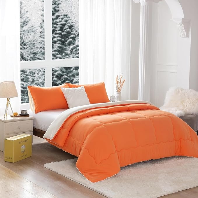 COTTEBED Warm Reversible Softness Burnt Orange and Beige King Size Comforter Sets Clearance, California King Soft Fully Breathable Bedding Down Comforter and Pillowsham for Women Winter King/Cal King - LeafyLoom