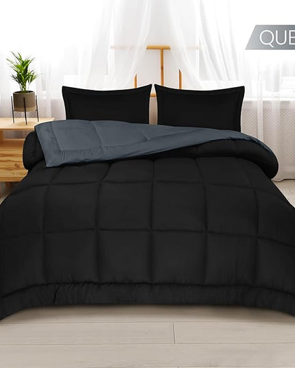 Utopia Bedding Queen Size Comforter Set with 2 Pillow Shams, Bedding Comforter Sets, Down Alternative Reversible Black/Grey Comforter, Soft and Comfortable, Machine Washable - LeafyLoom
