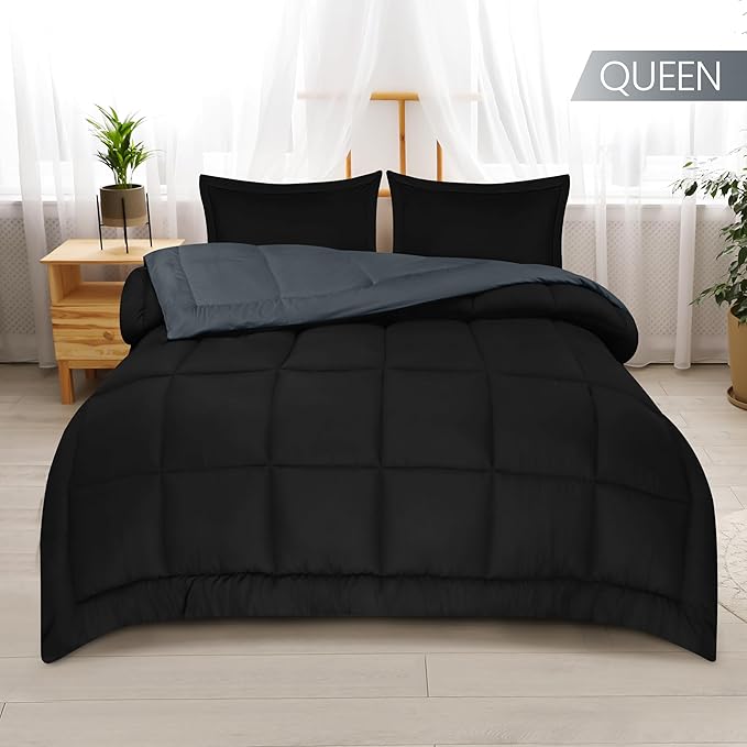 Utopia Bedding Queen Size Comforter Set with 2 Pillow Shams, Bedding Comforter Sets, Down Alternative Reversible Black/Grey Comforter, Soft and Comfortable, Machine Washable - LeafyLoom