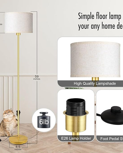 Gold Floor Lamps for Living Room, Bright Standing Lamp with 3 Color Temperatures(9W Bulb), Beige Linen Lampshade, Foot Switch, Simple Reading Floor Lamps Tall Lamps for Bedroom/Office/Den/Classroom - LeafyLoom