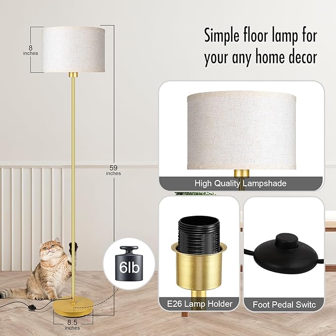 Gold Floor Lamps for Living Room, Bright Standing Lamp with 3 Color Temperatures(9W Bulb), Beige Linen Lampshade, Foot Switch, Simple Reading Floor Lamps Tall Lamps for Bedroom/Office/Den/Classroom - LeafyLoom