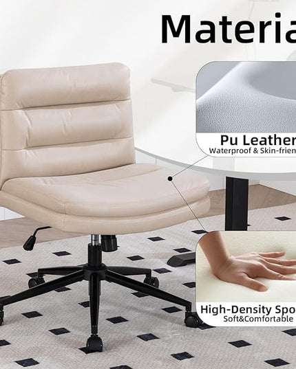 Armless Office Chair with Wheels Wide Desk Chair Leather Mid Back Accent Chair Padded Swivel Vanity Chair for Girl Women Computer Task Chair for Home Office (Suede Fabric, Beige) - LeafyLoom