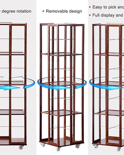 COPREE 5 Tier Rolling Bookcase, Bamboo 360 Rotating Bookshelf, Freestanding Storage Organizer Holder Book Rack with Wheels for Bedroom, Living Room Home and Office - LeafyLoom