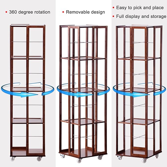COPREE 5 Tier Rolling Bookcase, Bamboo 360 Rotating Bookshelf, Freestanding Storage Organizer Holder Book Rack with Wheels for Bedroom, Living Room Home and Office - LeafyLoom