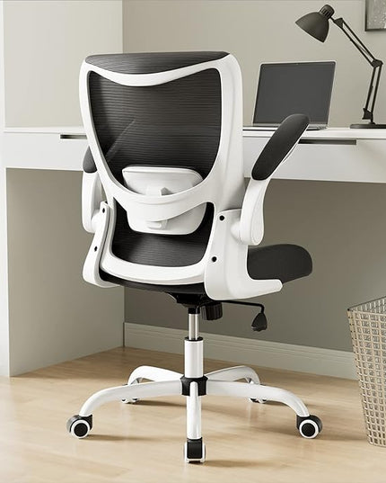 Office Chair, Ergonomic Desk Chair with Adjustable Lumbar Support and Flip up Armrest, Breathable Mesh Computer Chair for Home Office, White - LeafyLoom