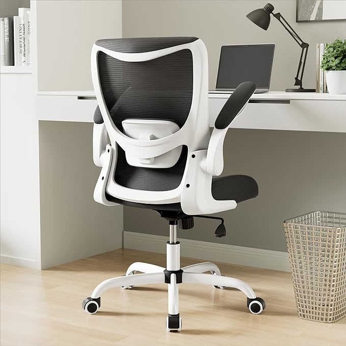 Office Chair, Ergonomic Desk Chair with Adjustable Lumbar Support and Flip up Armrest, Breathable Mesh Computer Chair for Home Office, White - LeafyLoom