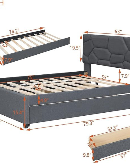 Full Size Linen Upholstered Platform Bed with Twin Size Trundle and 2 Drawers,Bedroom Bed Frame w/Brick Pattern Headboard,Wooden Slats Supproted,for Teens Kids Adults,Gray - LeafyLoom