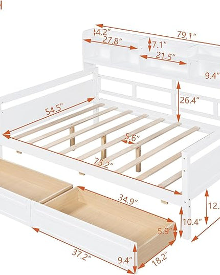 Full Size Daybed with Bedside Shelf and Two Drawers,Multifunctional Storage Solid Wood Bed,W/Wooden Slat Support,No Box Spring Needed,for Bedroom,Living Room,Apartment,White - LeafyLoom