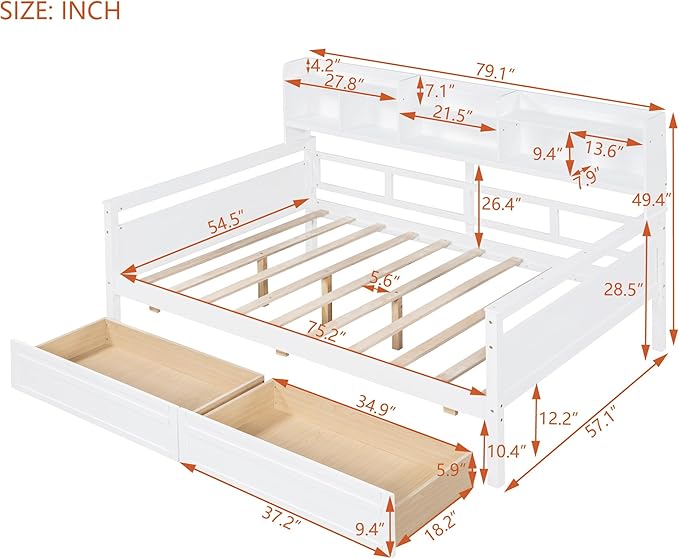 Full Size Daybed with Bedside Shelf and Two Drawers,Multifunctional Storage Solid Wood Bed,W/Wooden Slat Support,No Box Spring Needed,for Bedroom,Living Room,Apartment,White - LeafyLoom