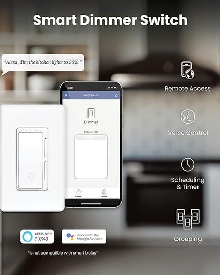 Feit Electric Smart Dimmer Switch, Neutral Wire Required for Installation, Compatible with Amazon Alexa and Google Assistant, Smart Dimmer Light Switch, White, Model:DIM/WiFi FeitElectricCompany