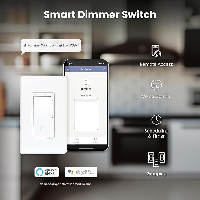 Feit Electric Smart Dimmer Switch, Neutral Wire Required for Installation, Compatible with Amazon Alexa and Google Assistant, Smart Dimmer Light Switch, White, Model:DIM/WiFi FeitElectricCompany