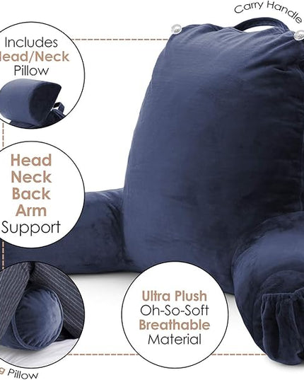 Clara Clark Reading Pillow, Large Back Pillow for Sitting Up in Bed, Memory Foam Back Support Pillow, Reading Pillows for Sitting in Bed Adult, Navy Blue Sit Up Pillow for Bed with Arms and Pockets - LeafyLoom