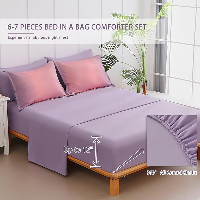 7 Pieces Comforter Set Full/Queen Size - Gradient Pink and Purple All Season Teens Rainbow Comforter Bedding Set, Ultra Soft Fluffy Microfiber Bed in a Bag for Kids - LeafyLoom