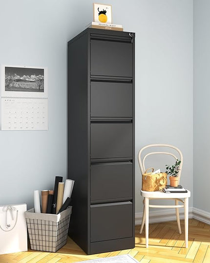 5 Drawer Vertical File Cabinet, Metal File Cabinets with Lock for Home Office, Heavy Duty Office Steel Filing Cabinet for Hanging Files for A4/ Legal/Letter,Assembly Required (Black) - LeafyLoom
