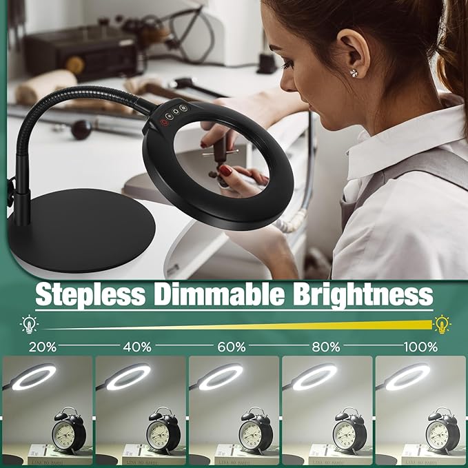 8X Magnifying Glass with Light and Stand, 5 Color Modes Stepless Dimmable Flexible Gooseneck Magnifying Desk Lamp, LED Lighted Magnifier Hands Free for Craft Reading Painting Close Work Hobby - LeafyLoom