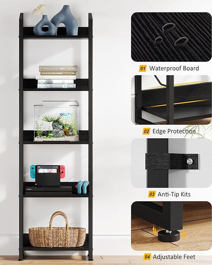 5 Tier Narrow Bookshelf: Tall Bookcase Book Shelf for Bedroom, Industrial Modern Bookshelves for Small Spaces (Black) - LeafyLoom