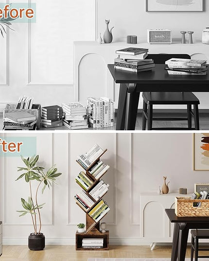 Vagusicc 6 Tier Tree Bookshelf, Modern Floor Standing Bookcase with Storage Drawer, Tall Wood Book Storage Rack for CDs/Books, Utility Book Organizer Shelves for Bedroom/Living Room/Home Office/Corner - LeafyLoom