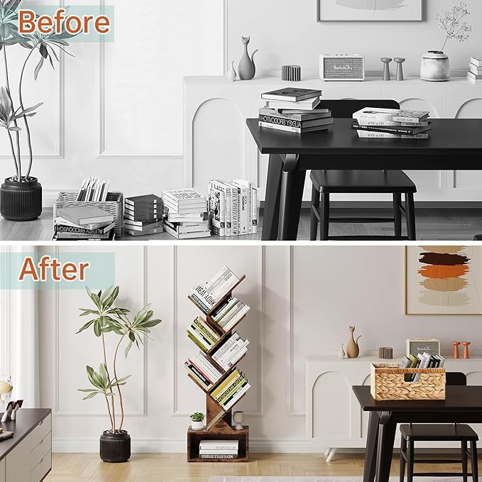 Vagusicc 6 Tier Tree Bookshelf, Modern Floor Standing Bookcase with Storage Drawer, Tall Wood Book Storage Rack for CDs/Books, Utility Book Organizer Shelves for Bedroom/Living Room/Home Office/Corner - LeafyLoom