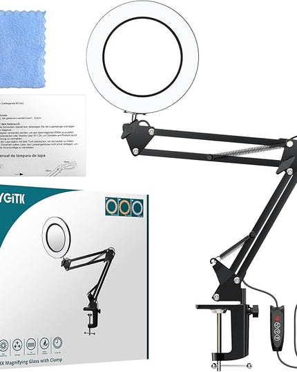 8X Lighted Magnifying Glass Lamp, Adjustable Magnifying Glass with Light Clamp Swivel Arm LED 3 Color Modes,10 Brightness Levels, Hands Free Magnifier for Hobby Close Work, Repair, Reading - LeafyLoom