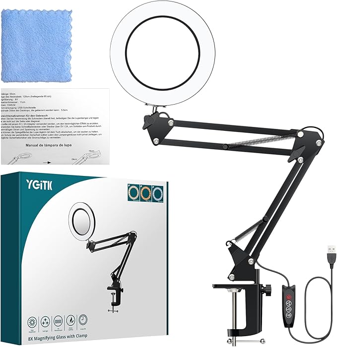 8X Lighted Magnifying Glass Lamp, Adjustable Magnifying Glass with Light Clamp Swivel Arm LED 3 Color Modes,10 Brightness Levels, Hands Free Magnifier for Hobby Close Work, Repair, Reading - LeafyLoom