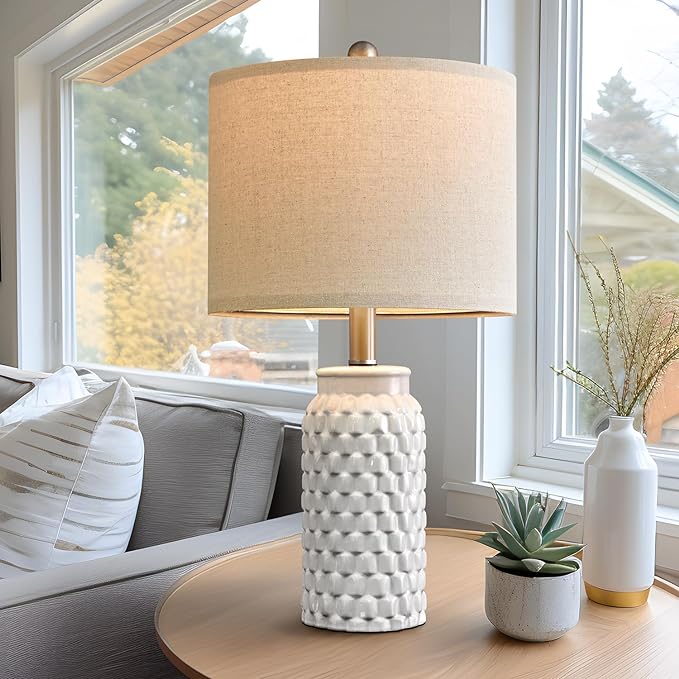 20.5" White Modern Ceramic Bedside Lamp Set of 2 for Bedroom Decor Farmhouse Table Lamp for Living Room Office Dorm - LeafyLoom