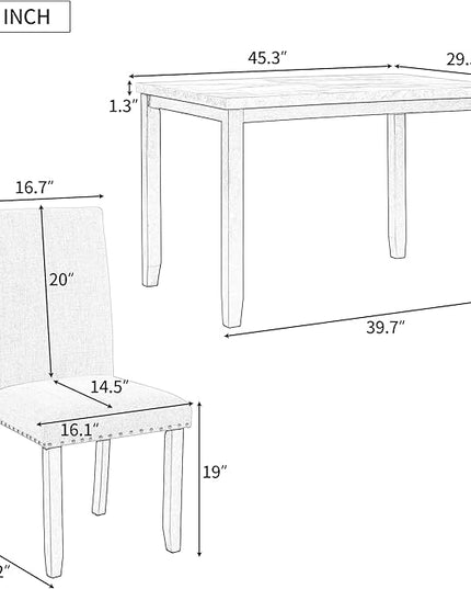 5 Piece Industrial Dinette Sets Wooden Kitchen Dining Table and 6 Matching Upholstered Chairs, for Diningroom Living Room, Easy to Assemble, White - LeafyLoom