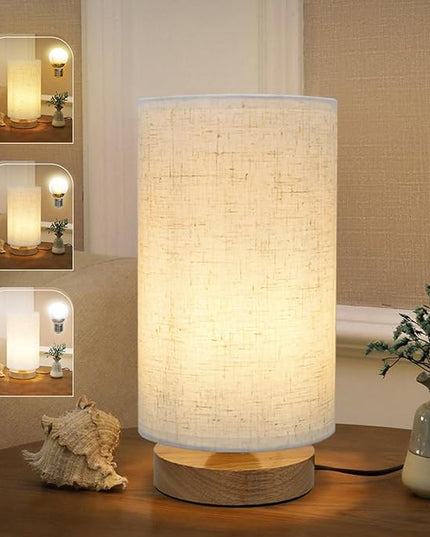 Small Bedside Table Lamp with 3 Color Temperatures, Minimalist Dimmable Nightstand Lamp with Round Fabric Linen Shade, Desk Lamp for Study Reading, Night Lamp for Living Room,Bedroom,Office,Dorm - LeafyLoom