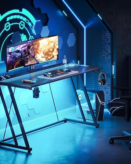 MOTPK Gaming Desk with LED Lights & Power Outlet, Computer Desk 55inch for Small Space, Cheap Gaming Table with Carbon Fiber Texture, Kids Desk Gift for Boys Men, Black - LeafyLoom