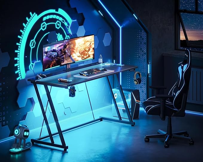 MOTPK Gaming Desk with LED Lights & Power Outlet, Computer Desk 55inch for Small Space, Cheap Gaming Table with Carbon Fiber Texture, Kids Desk Gift for Boys Men, Black - LeafyLoom
