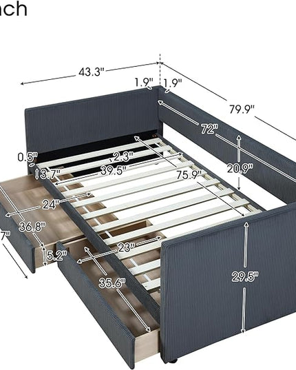 Twin Size Corduroy Pholstered Daybed with Two Drawers,Storage Sofa Bed Frame,W/Wood Slat Support,No Box Spring Needed,for Living Room Bedroom Apartment,Gray - LeafyLoom