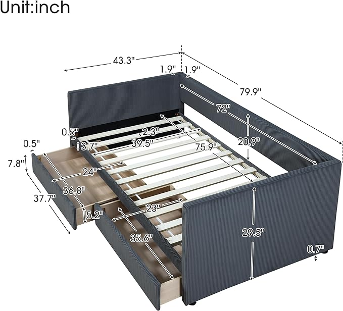 Twin Size Corduroy Pholstered Daybed with Two Drawers,Storage Sofa Bed Frame,W/Wood Slat Support,No Box Spring Needed,for Living Room Bedroom Apartment,Gray - LeafyLoom