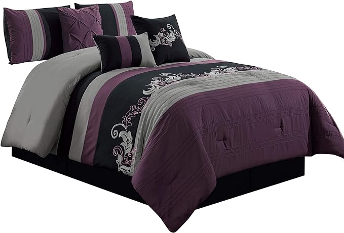 Chezmoi Collection Napa 7-Piece Luxury Leaves Scroll Embroidery Bedding Comforter Set (Queen, Purple/Black/Gray) - LeafyLoom