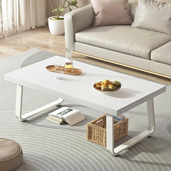 HSH White Coffee Table, Modern Simple Rectangle Living Room Table, Industrial Wood and Metal Legs Center Table for Bedroom, Farmhouse Minimalist Wooden Cocktail Tea Coffee Table, White Oak, 47 Inch - LeafyLoom