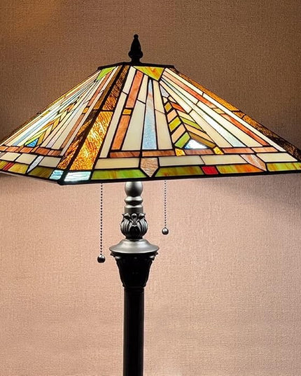 Tiffany Floor Lamp for Living Room 2 Lights Mission Style Stained Glass Reading Floor Light Antique Standing Tall Lamp for Bedroom Office - LeafyLoom