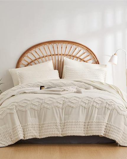 KAKIJUMN White Tufted Comforter Set Queen Size 7 Piece Bed in a Bag, Shabby Chic Boho Comforter and Sheet Set, All Season Soft Microfiber Complete Bedding Set(White,Queen) - LeafyLoom