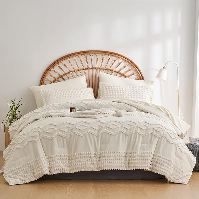 KAKIJUMN White Tufted Comforter Set Full Size 7 Piece Bed in a Bag, Shabby Chic Boho Comforter and Sheet Set, Pom Pom Textured Bed Set, All Season Soft Microfiber Complete Bedding Set(White,Full) - LeafyLoom