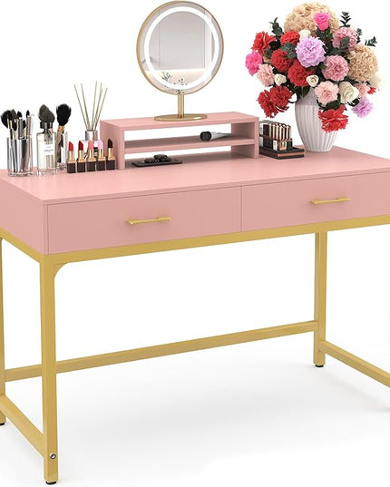 WESTREE Women Makeup Vanity Desk with 2 Drawers - Bedroom Home Office Desk, Wooden Height Monitor Stand & Storage Shelf without Mirror, Pink Table Great Gift for Her - LeafyLoom