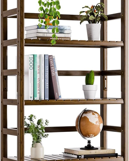 Bookcase, Bamboo Bookshelf, 6-Tier Adjustable Tall Open Book Shelf, Free Standing Storage Shelves Organizer, Flower Plant Display Stand, Walnut - LeafyLoom